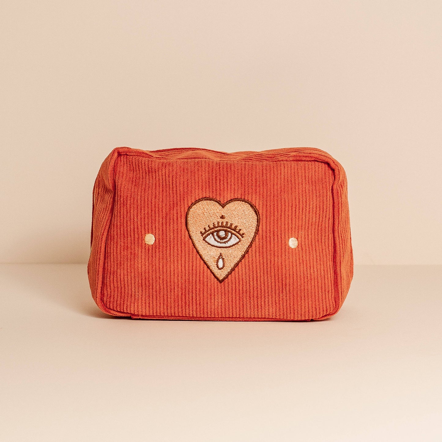 Burnt Orange Corduroy Cosmetic Make Up Pouch With Embroidered Heart & Eye Design