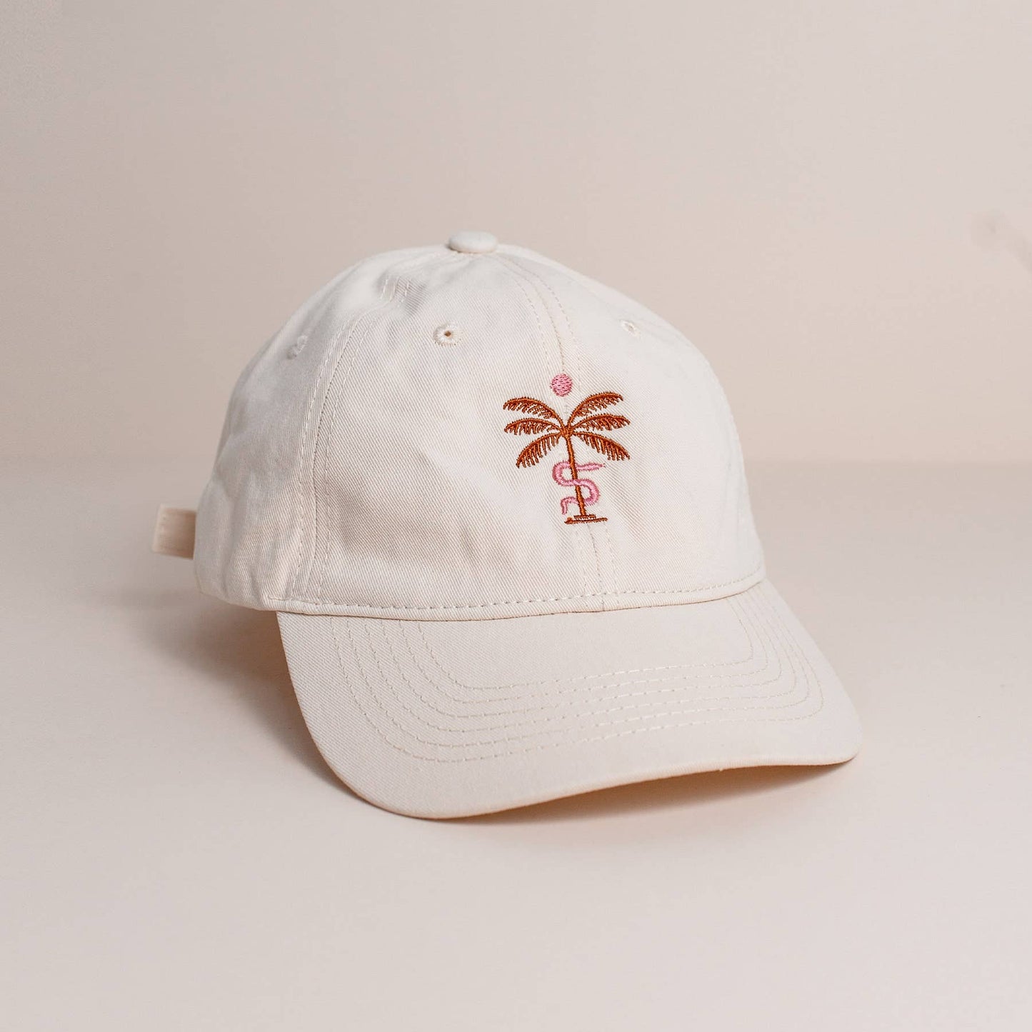 Cream Baseball Cap With Pink Embroidered Palm Tree & Snake