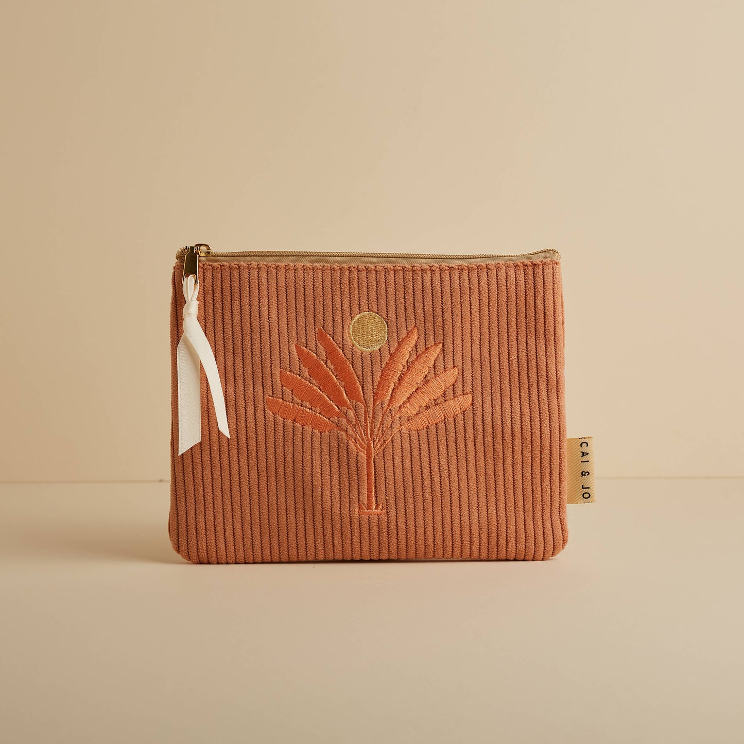 Dusky Pink Corduroy Cosmetic Make Up Pouch With Embroidered Palm Leaf & Sun