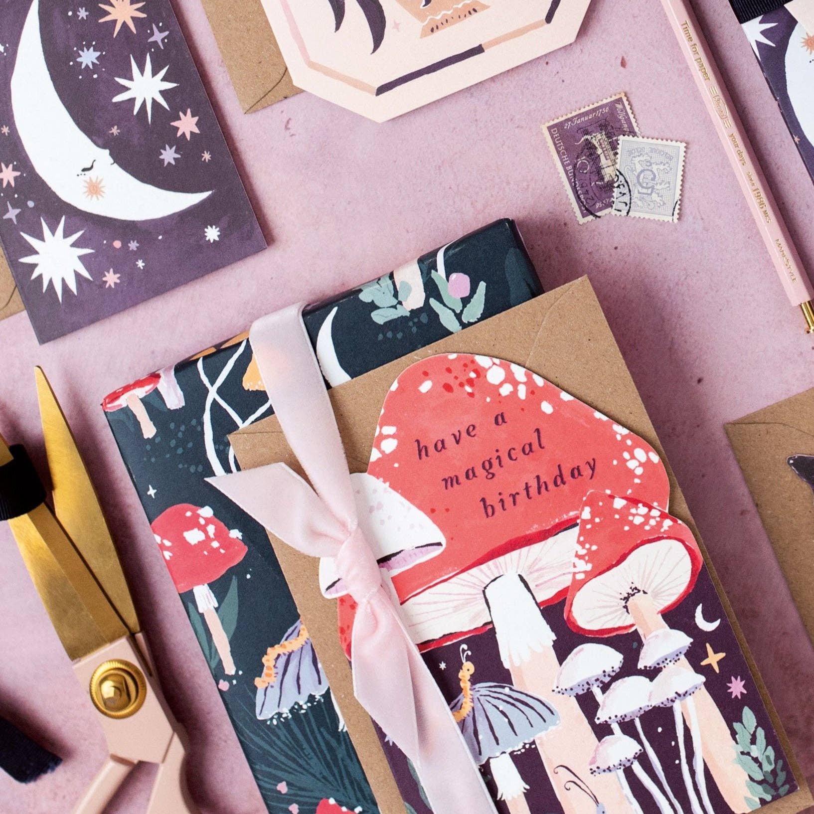 Illustrated Mushroom Birthday Greeting Card & Matching Woodland Wrapping Paper