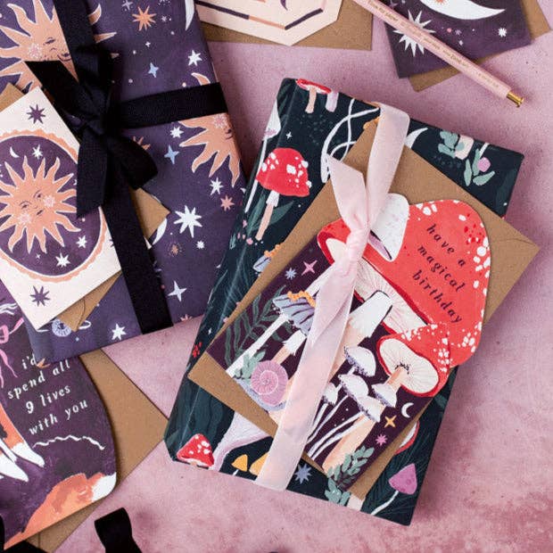 Illustrated Mushroom Shaped Birthday Greeting Card & Matching Wrapping Paper