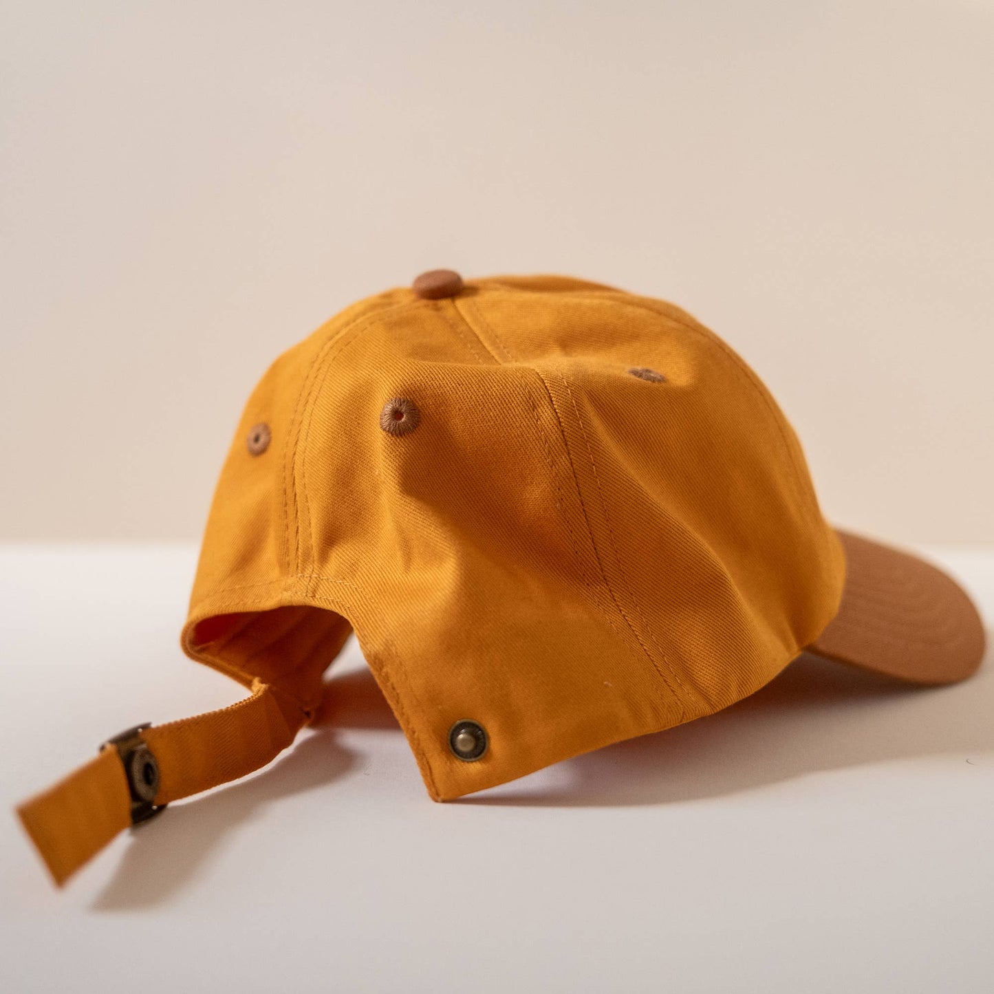 Mustard Yellow Baseball Cap With Flower Embroidery - Popper Closure for Ponytail