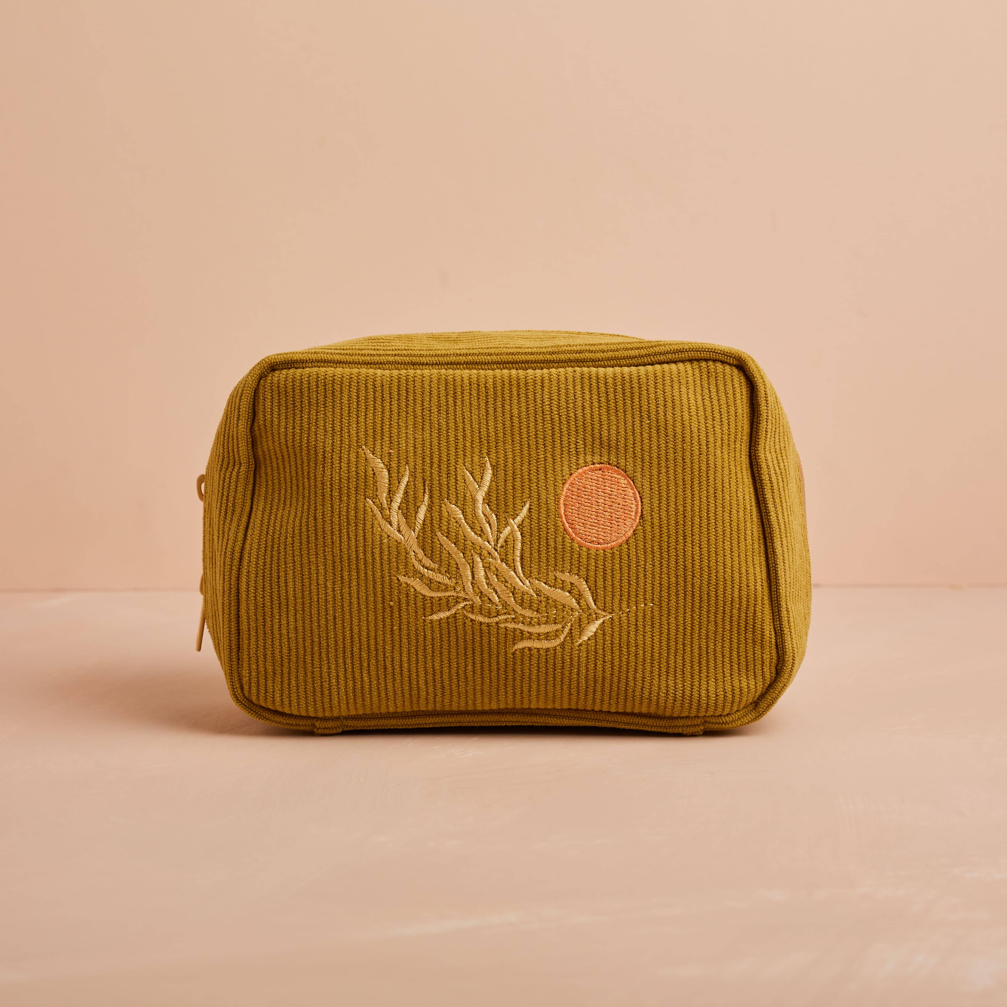 Olive Green Corduroy Cosmetic Make Up Pouch With Embroidered Floral Leaf & Sun