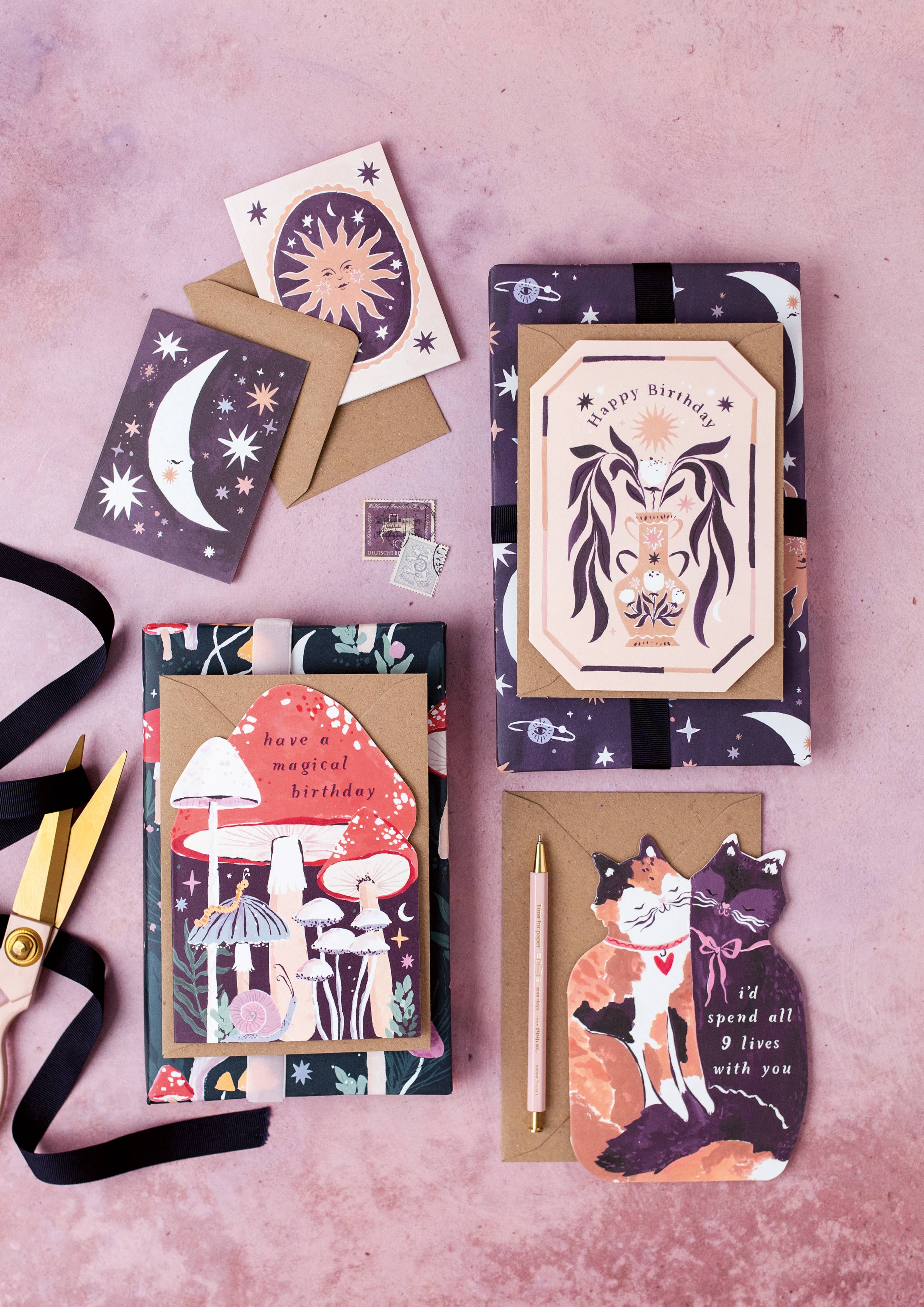 Selection Of Sister Paper Co Birthday Greeting Cards - Mushroom & Cat Shaped Cards