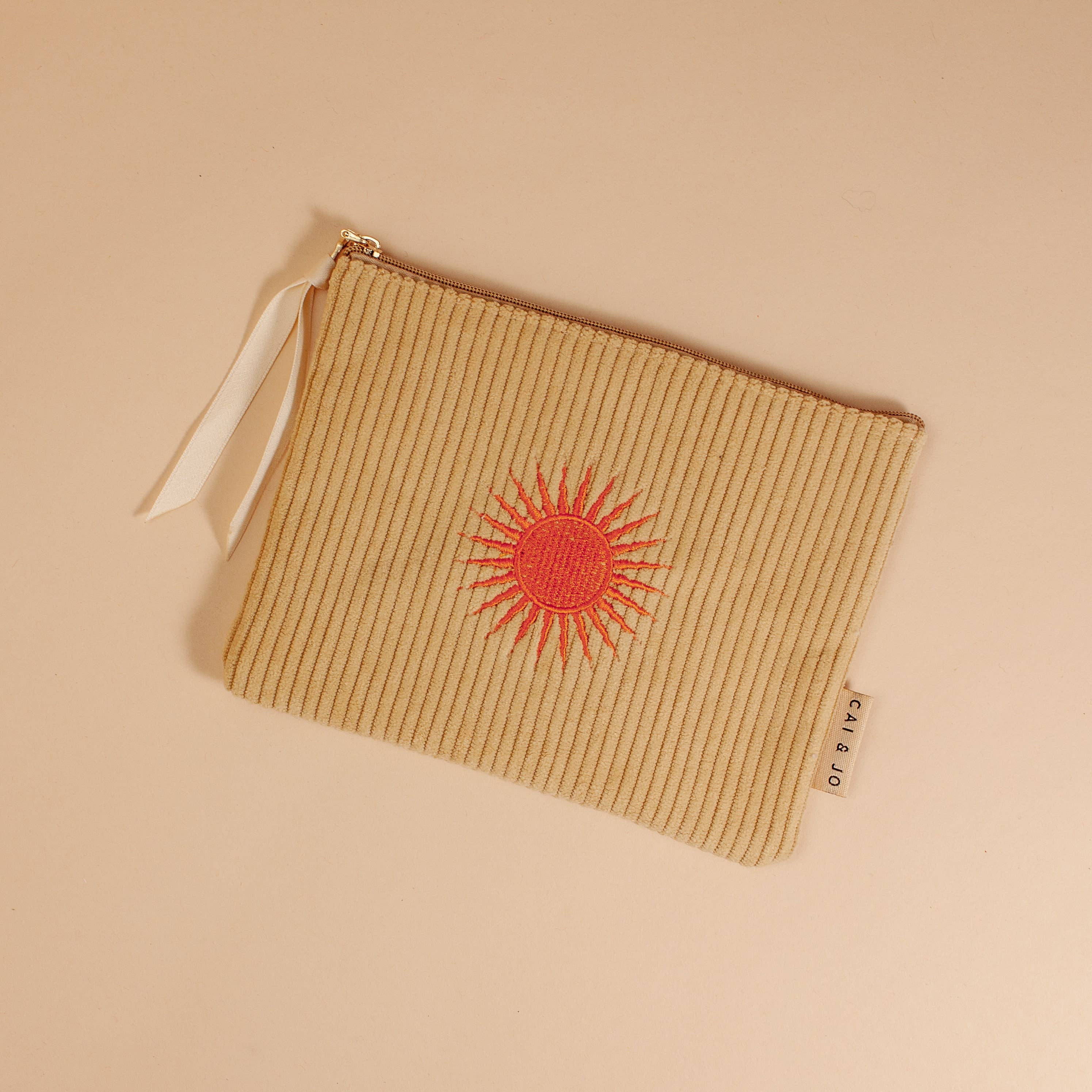 Yellow Corduroy Cosmetic Make Up Pouch With Embroidered Sun