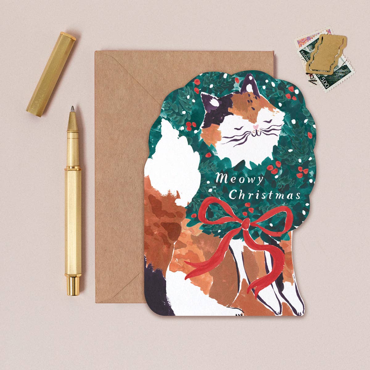 "Meowy Christmas" Cat Shaped Greeting Card