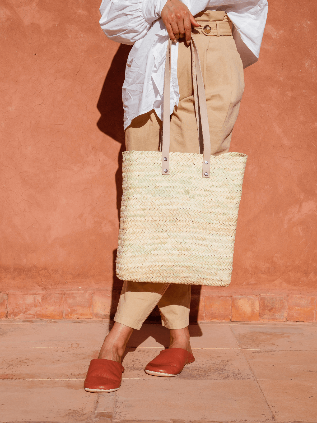 Woven Tote Bag With Leather Handles
