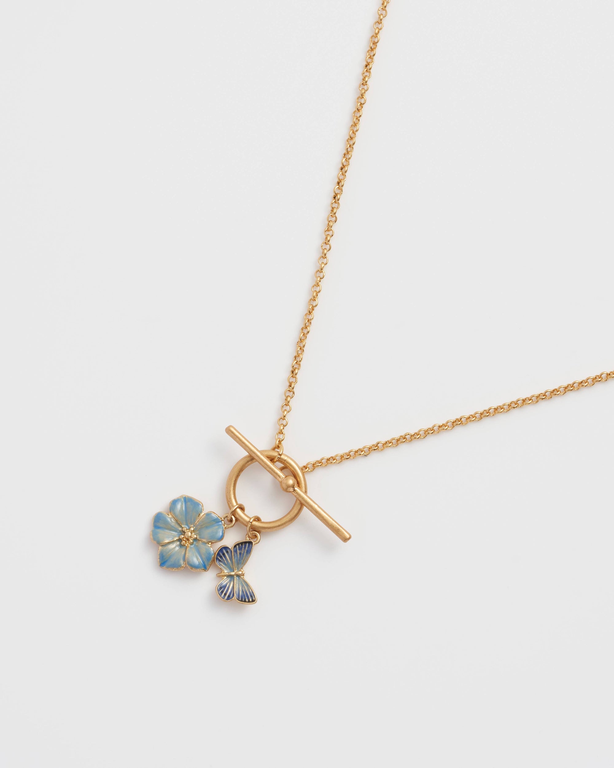 Forget Me Not & Butterfly Charm Toggle Necklace