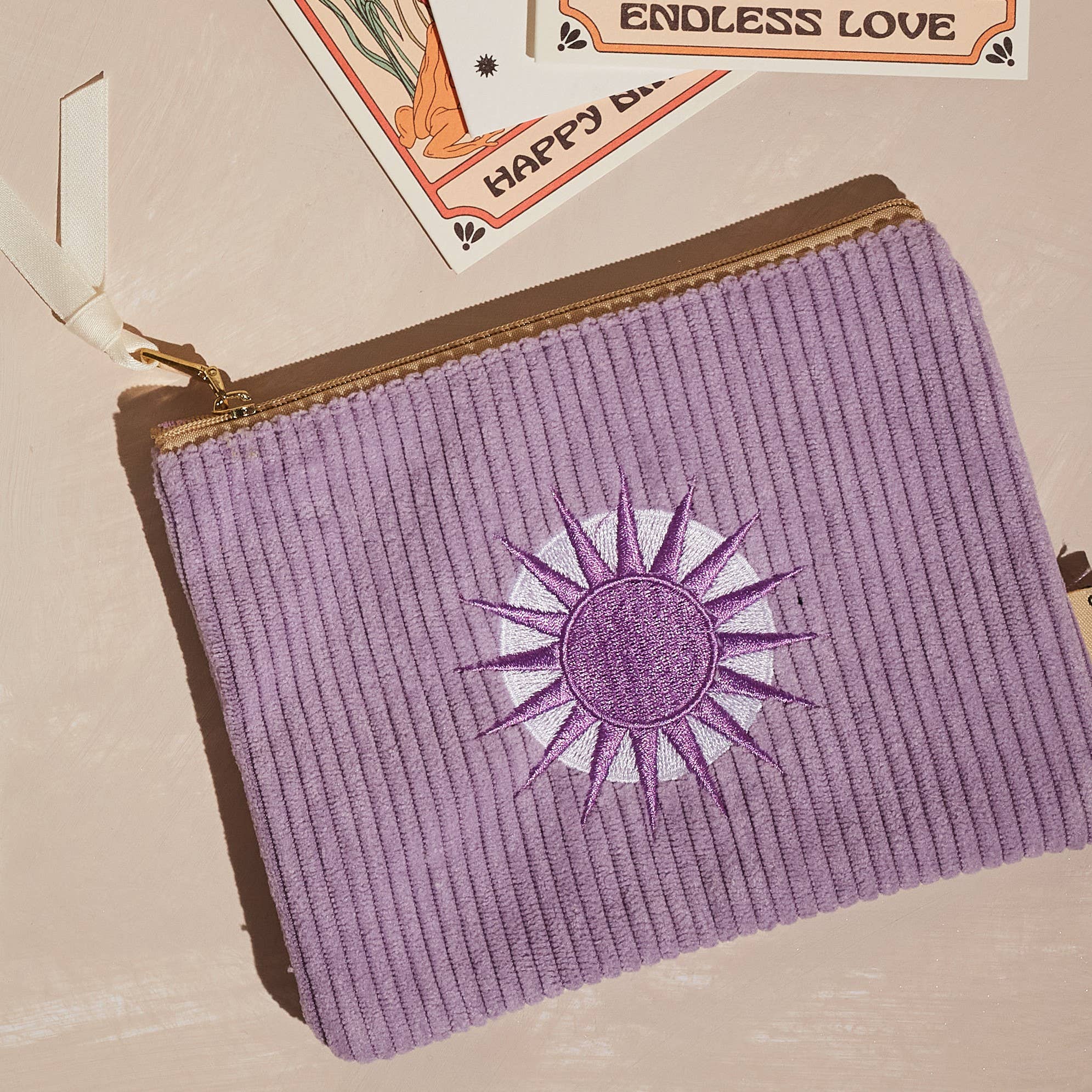 Embroidered Corduroy Cosmetic Pouch