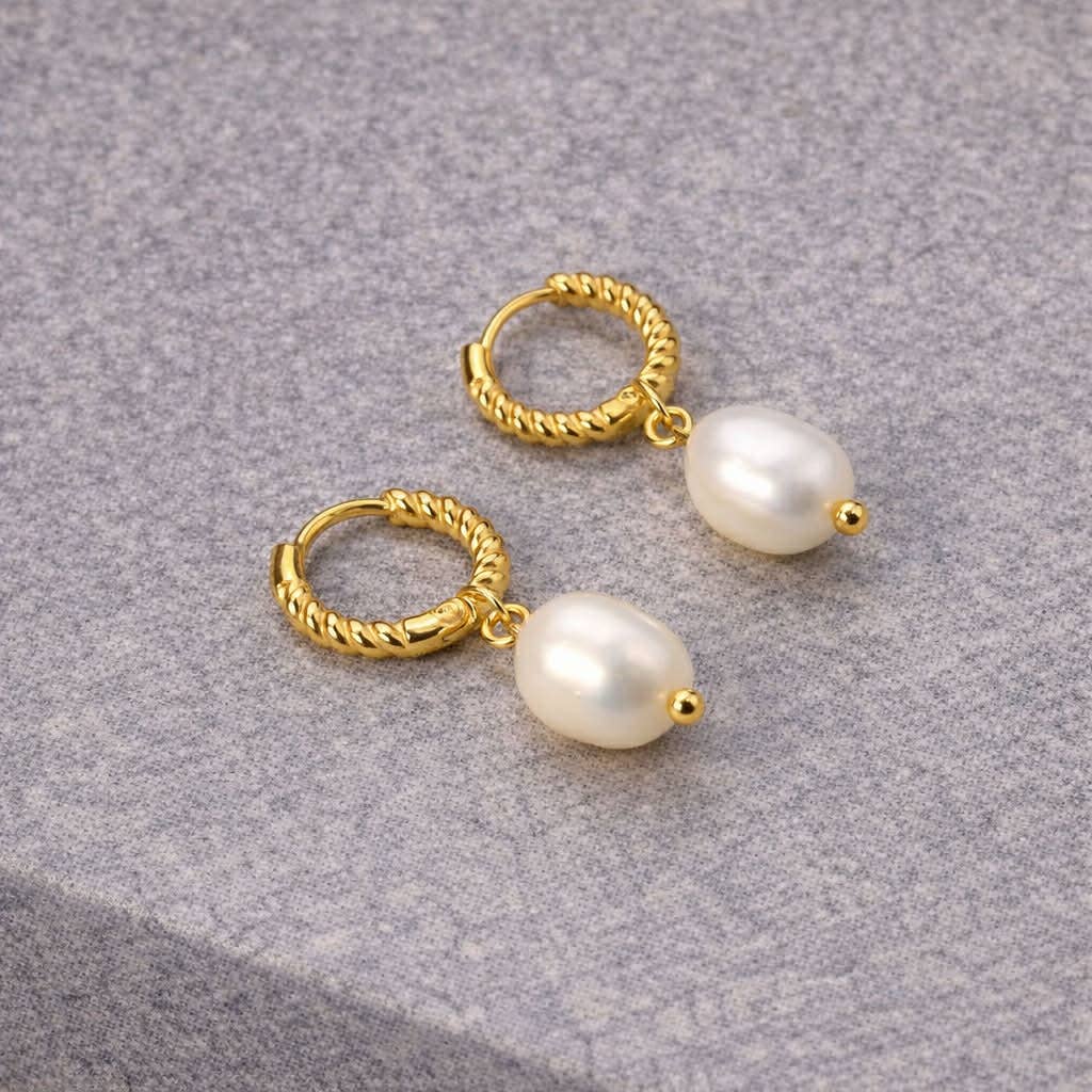 Twisted Faux Pearl Huggie Earrings - PVD Gold Plated