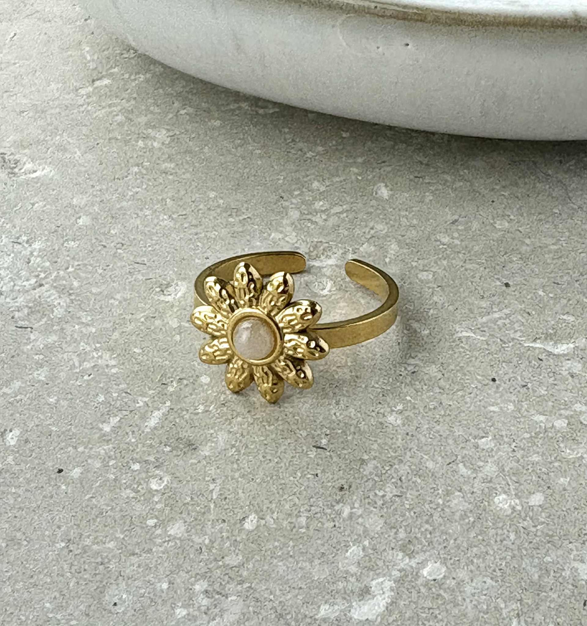 Pink Flower Adjustable Ring - PVD Gold Plated