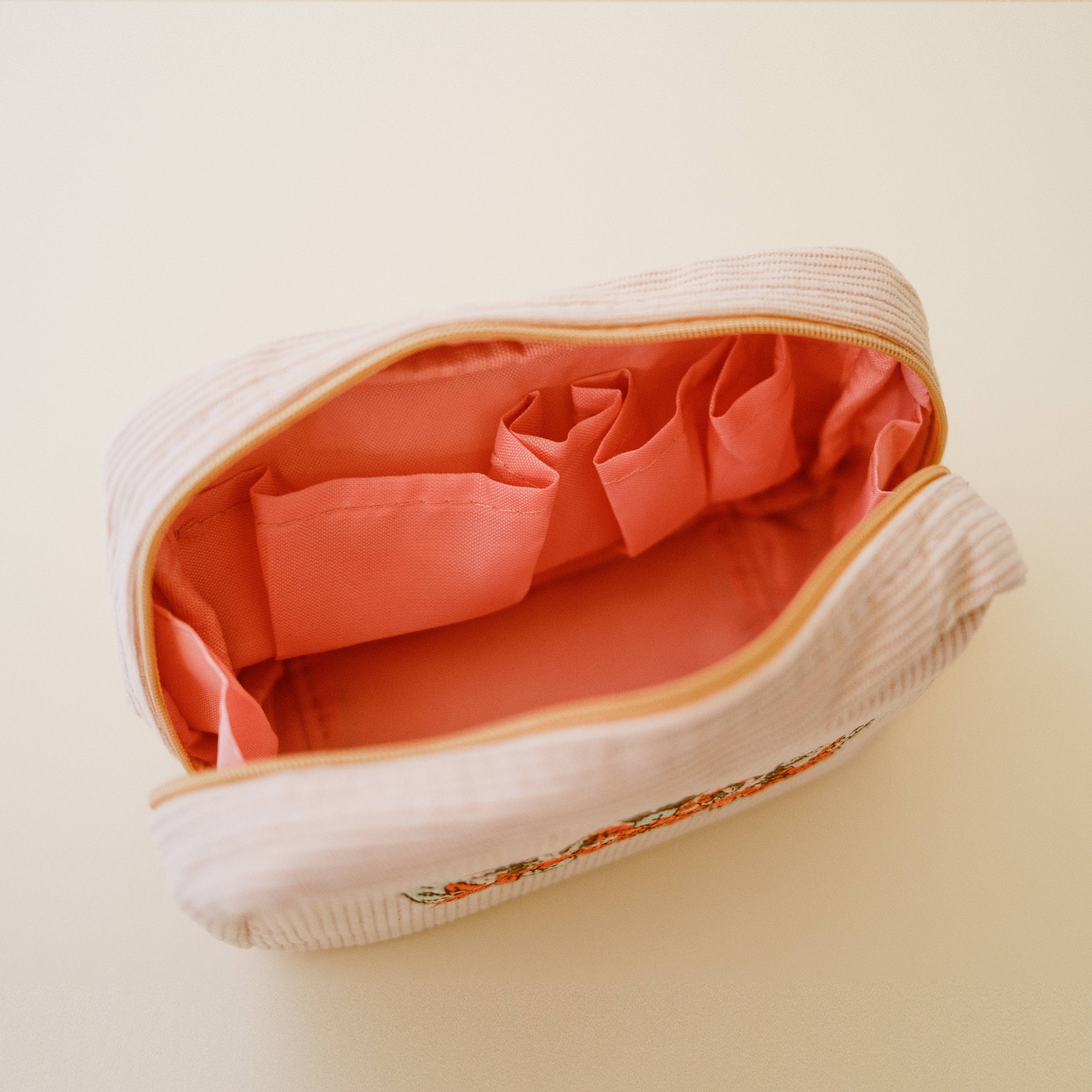 Floral Embroidered Corduroy Makeup Bag - White Sand