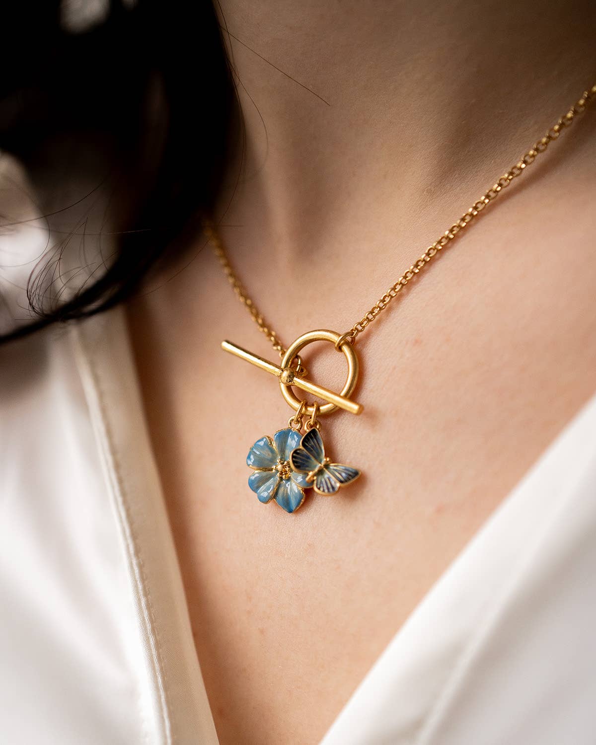 Forget Me Not & Butterfly Charm Toggle Necklace