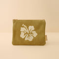 Hibiscus Flower Embroidered Corduroy Pouch - Olive Green