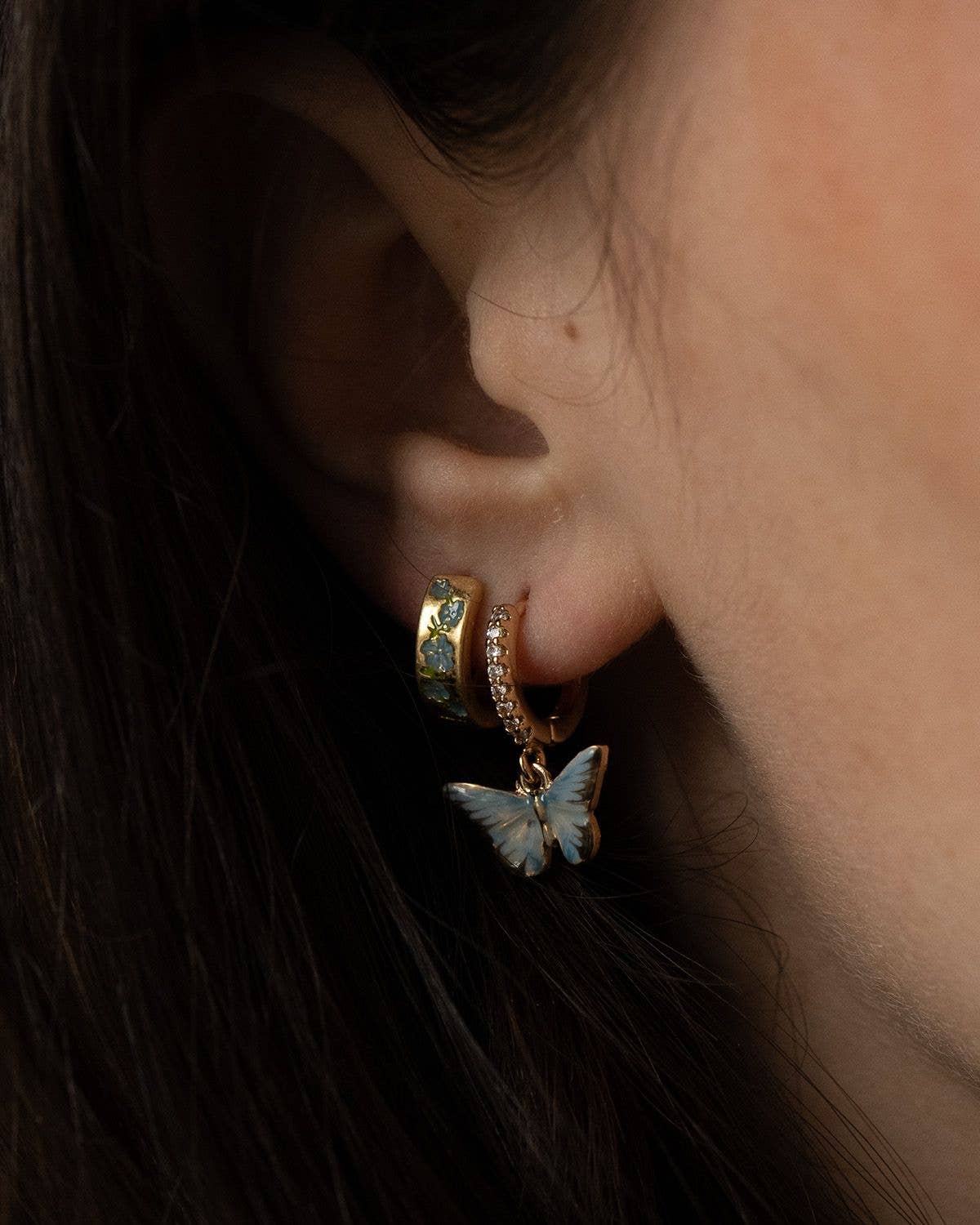 Blue Butterfly Huggie Earrings