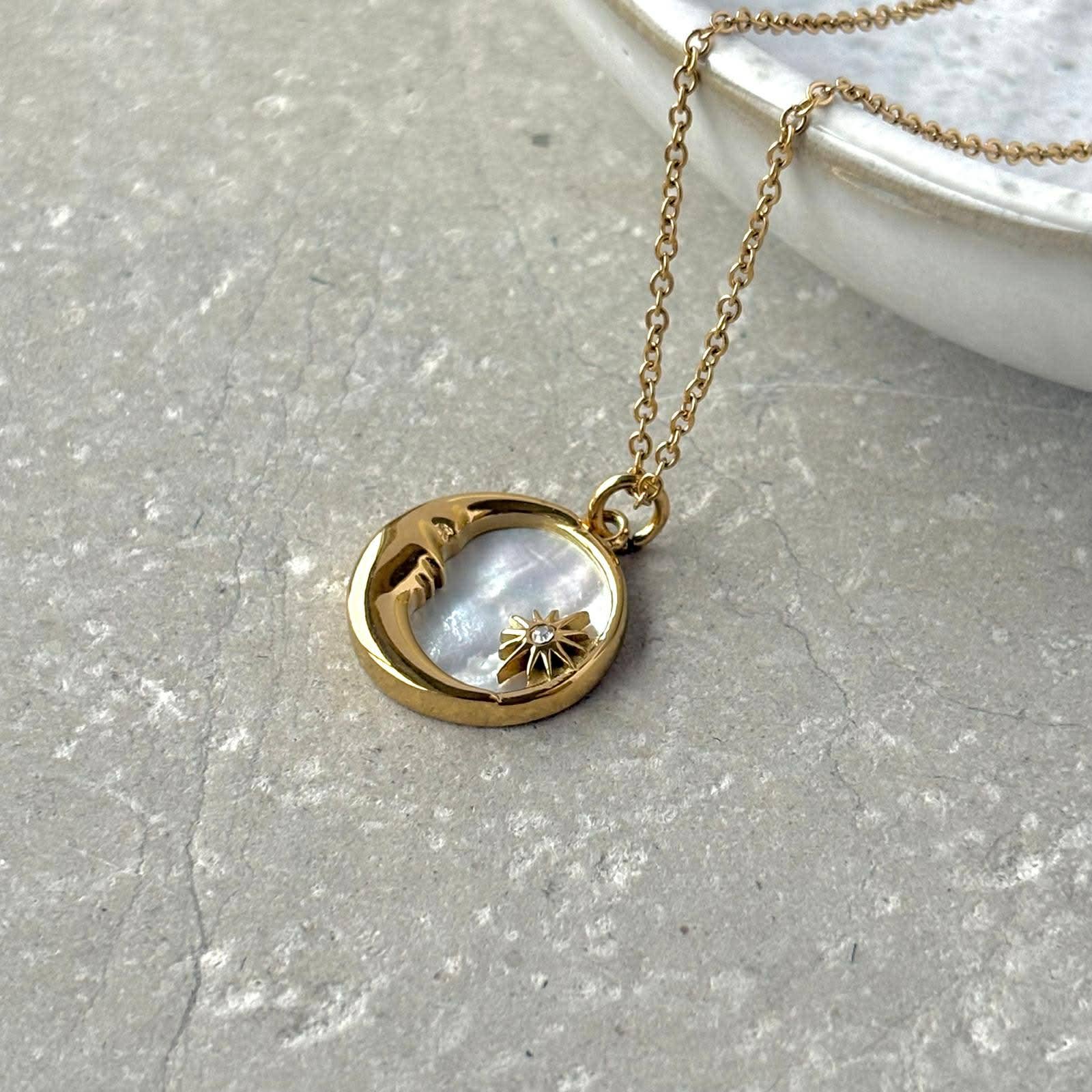 Moon and Star Pearlescent Necklace - PVD Gold Plated