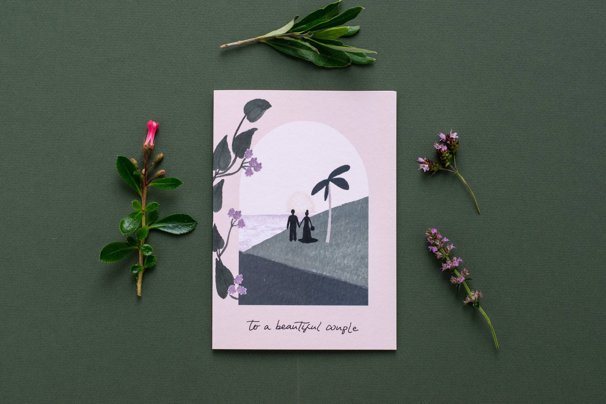 illustrated greeting card that reads "to a beautiful couple"