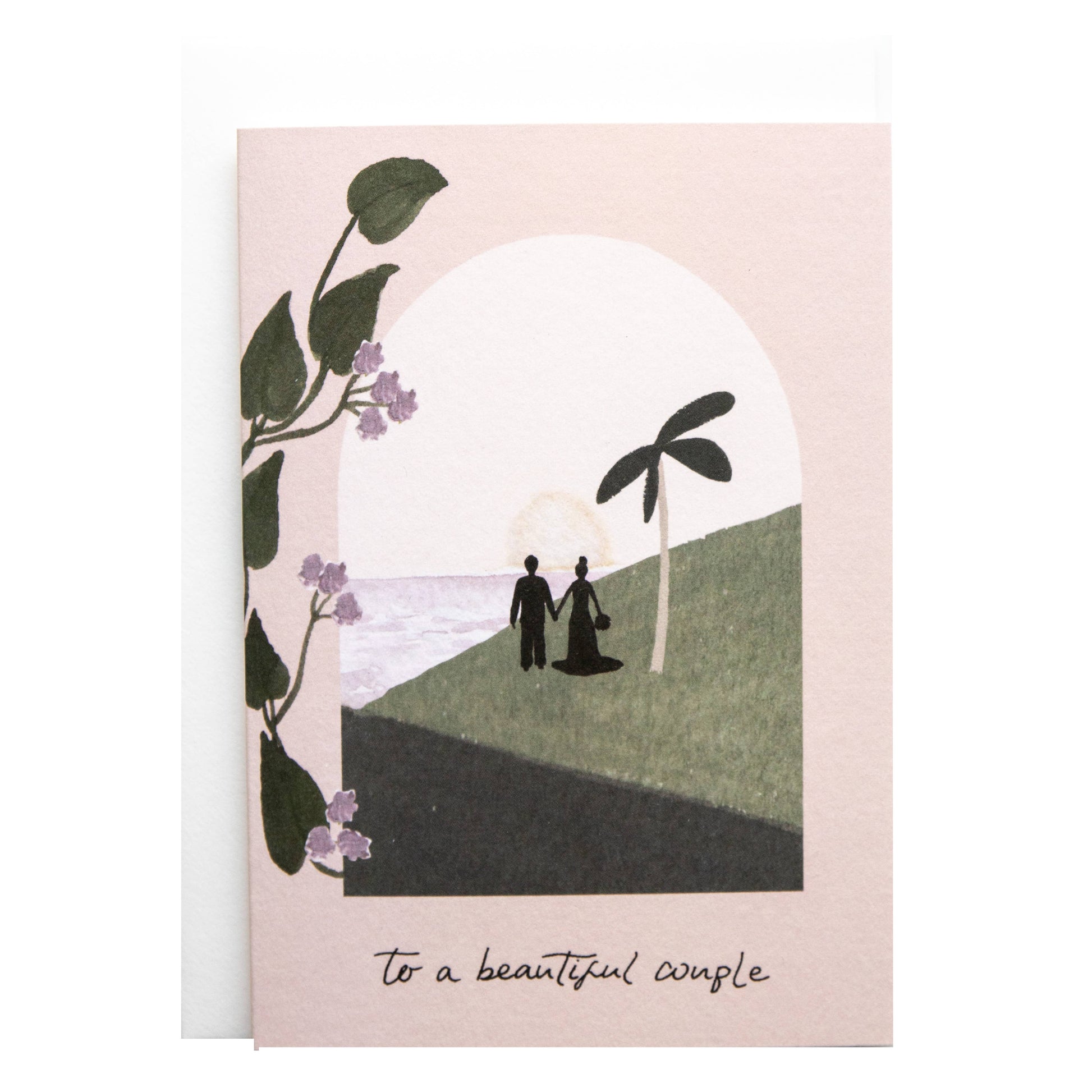 illustrated greeting card that reads "to a beautiful couple"