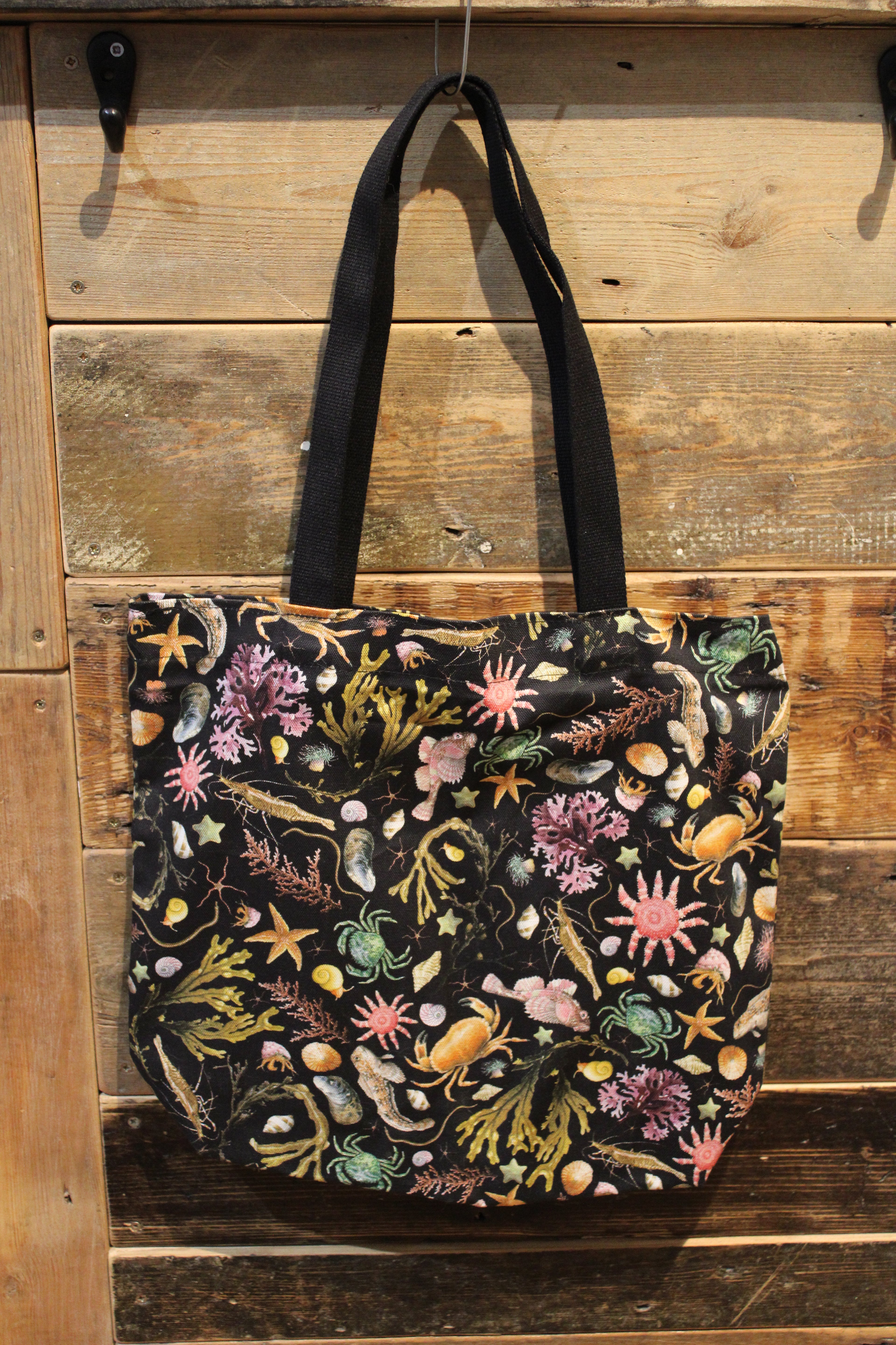 Black Tote Bag With Illustrated Rockpool Coastal Sea Creatures Pattern Print - Crabs, Fish, Seaweed, Shells, Starfish and Anemones