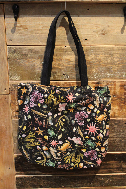 Black Tote Bag With Illustrated Rockpool Coastal Sea Creatures Pattern Print - Crabs, Fish, Seaweed, Shells, Starfish and Anemones