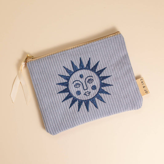 Blue Corduroy Cosmetic Make Up Pouch With Embroidered Sun 