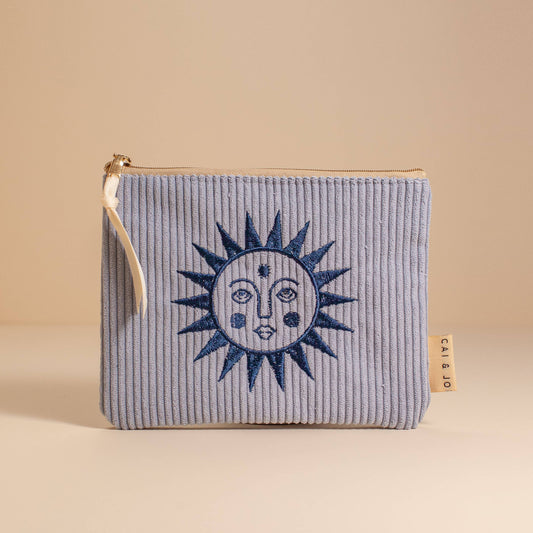 Blue Corduroy Cosmetic Make Up Pouch With Embroidered Sun 