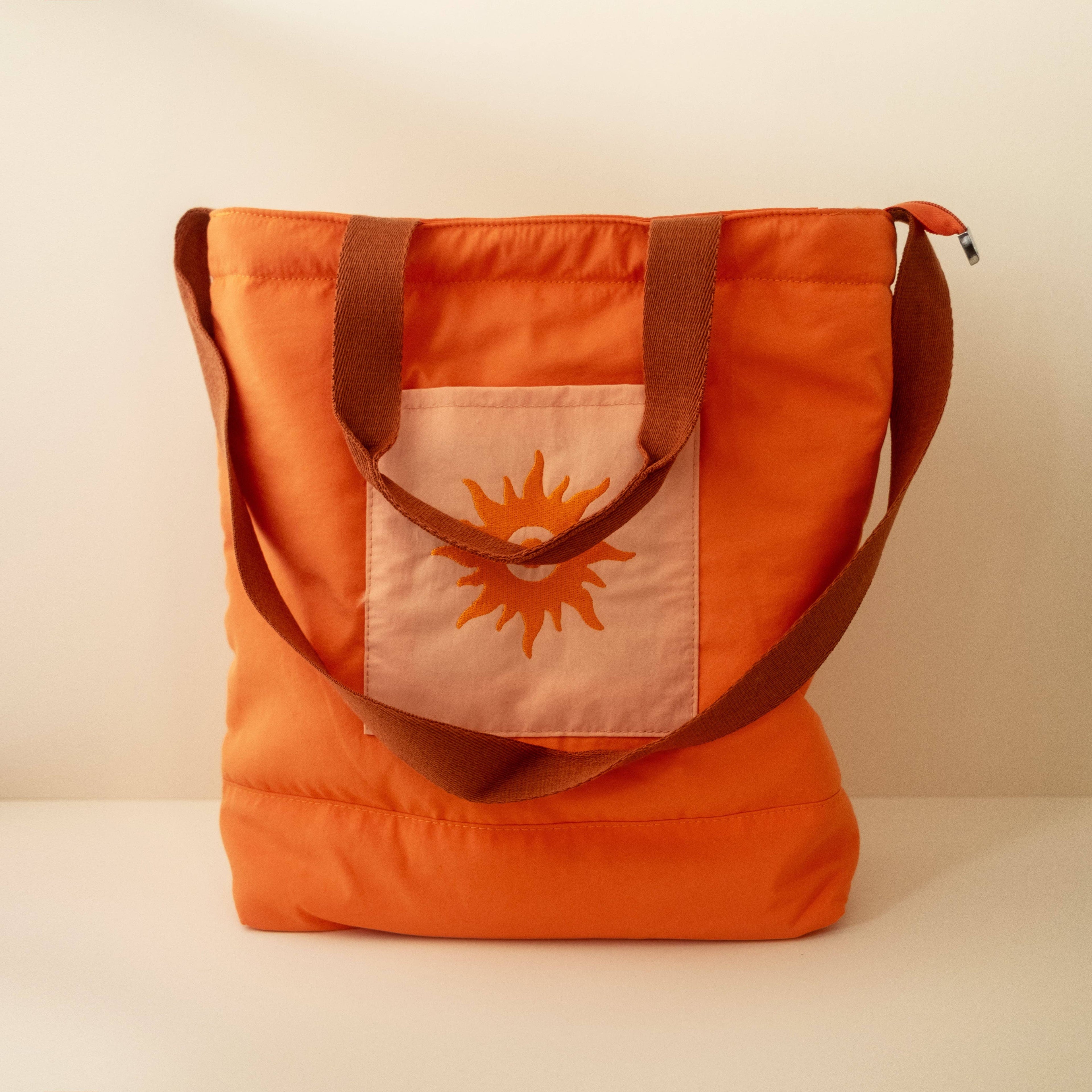 Bright Orange Nylon Beach Tote Bag With Front Pocket & Sun Embroidery 