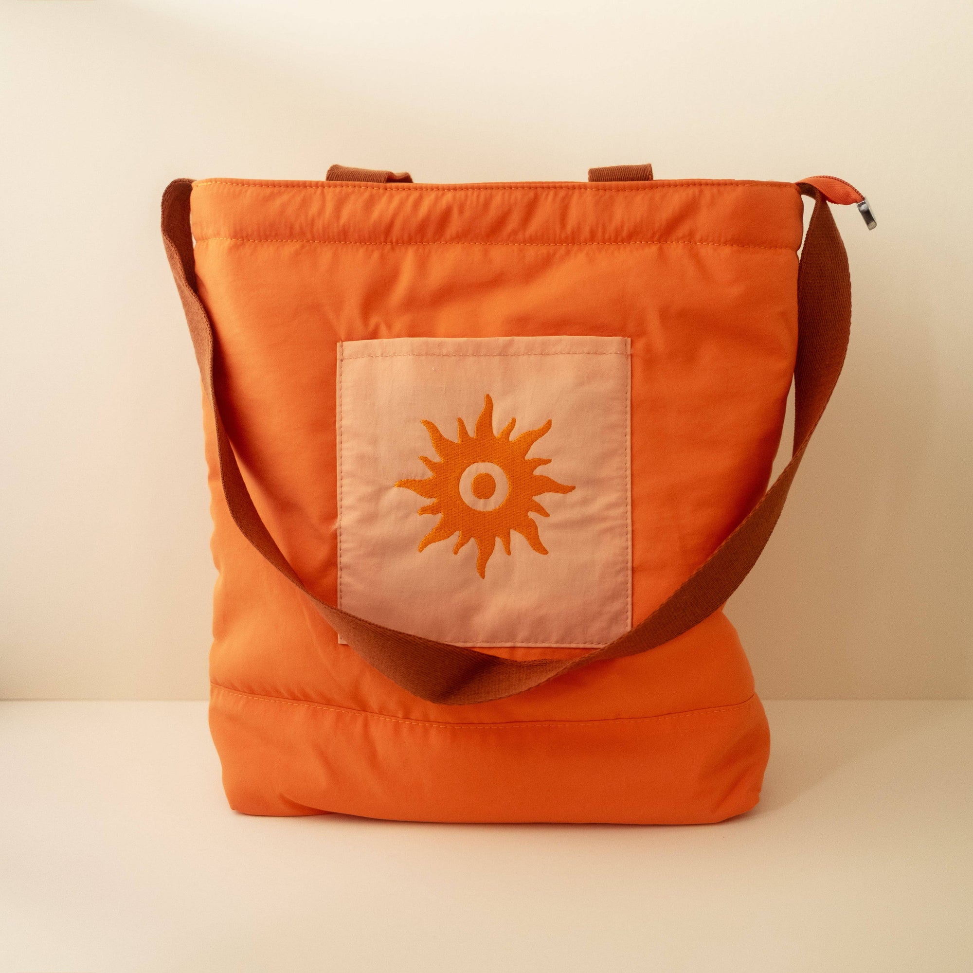 Bright Orange Nylon Beach Tote Bag With Front Pocket & Sun Embroidery 