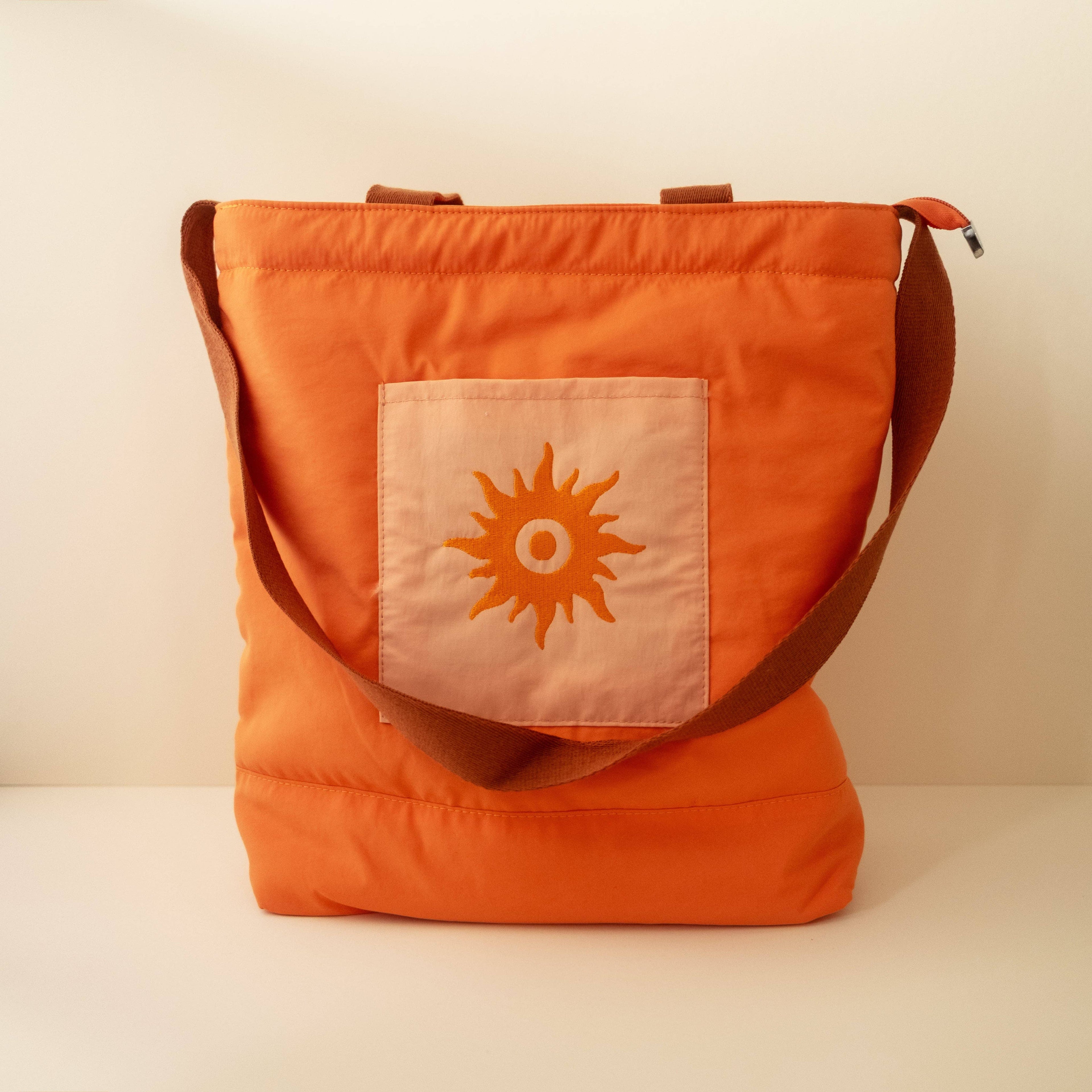 Bright Orange Nylon Beach Tote Bag With Front Pocket & Sun Embroidery 