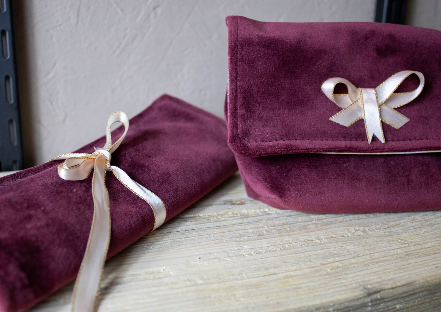 Burgundy Velvet Cosmetic Pouch & Make Up Brush Roll With Cream & Gold Bow