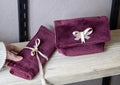 Burgundy Velvet Cosmetic Pouch & Make Up Brush Roll With Cream & Gold Bow
