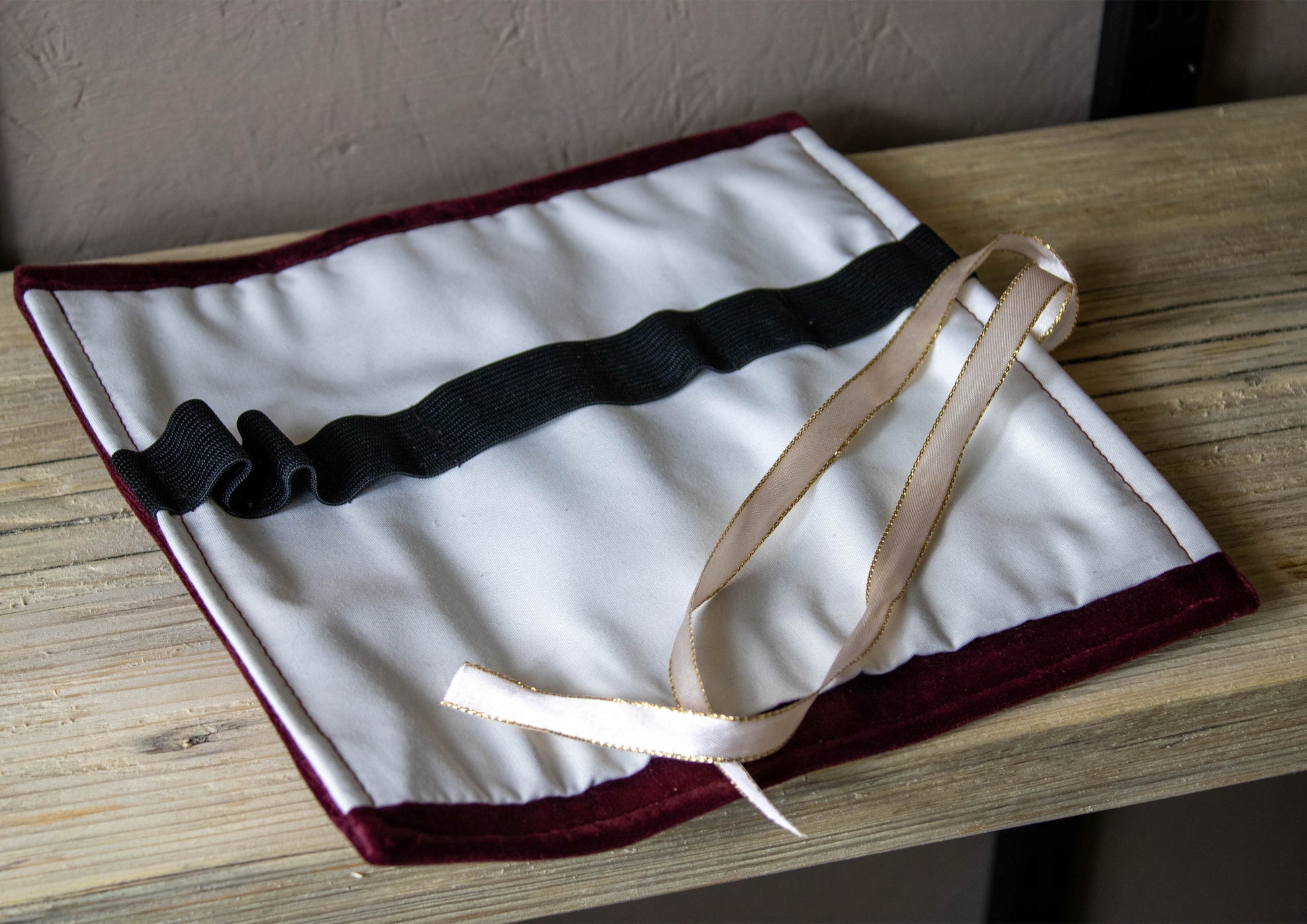 Burgundy Velvet Make Up Brush Roll Unfolded