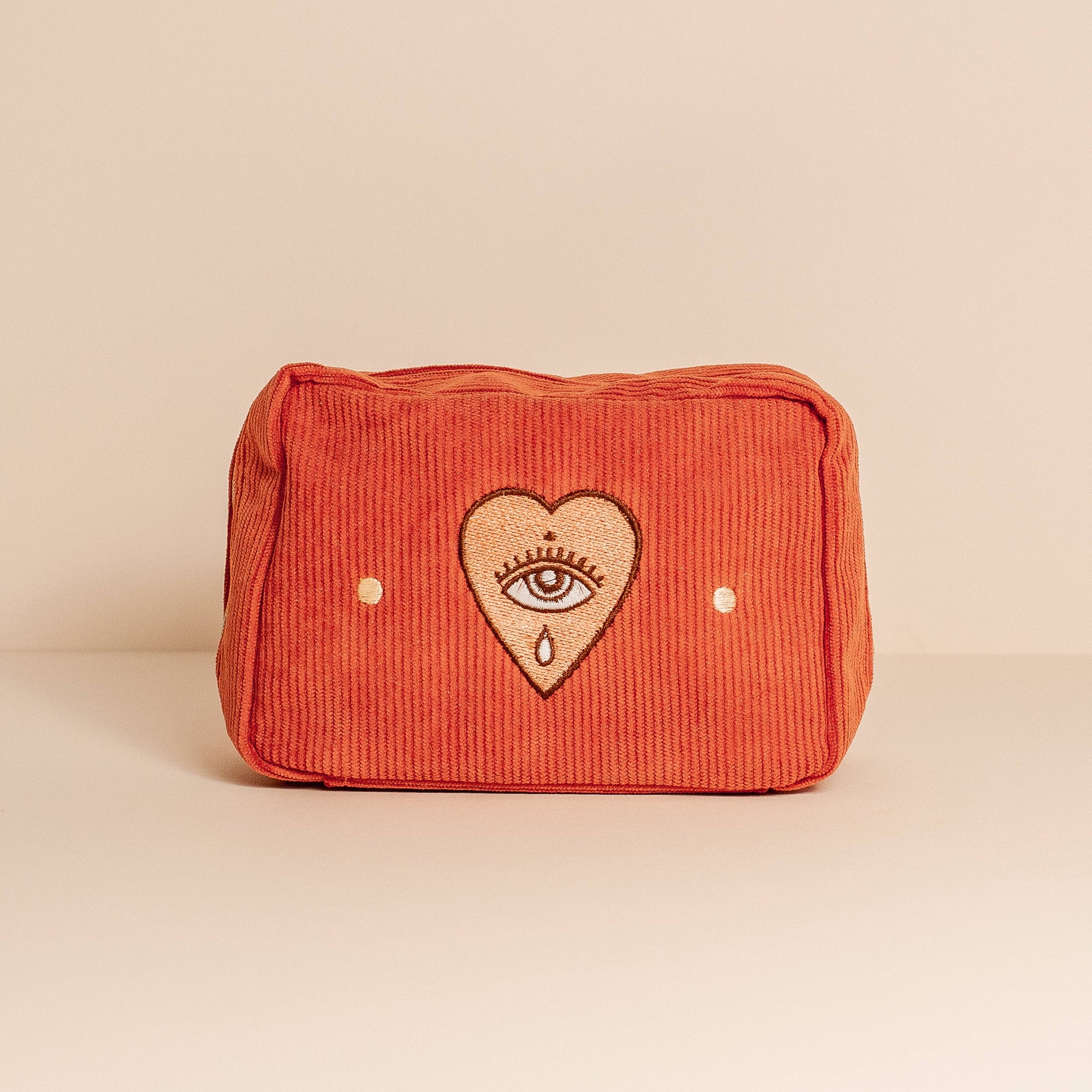 Burnt Orange Corduroy Cosmetic Make Up Pouch With Embroidered Heart & Eye Design