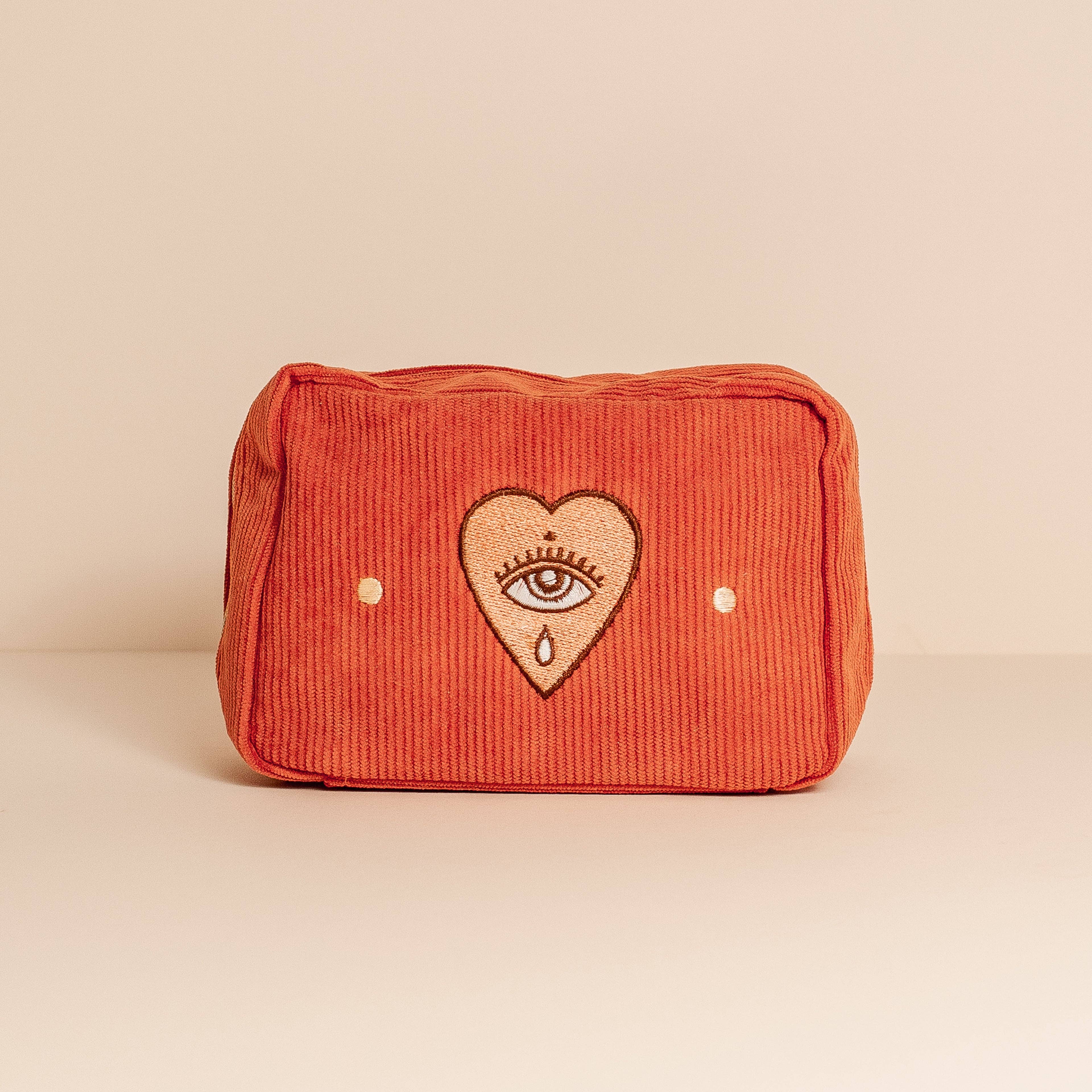 Burnt Orange Corduroy Cosmetic Make Up Pouch With Embroidered Heart & Eye Design