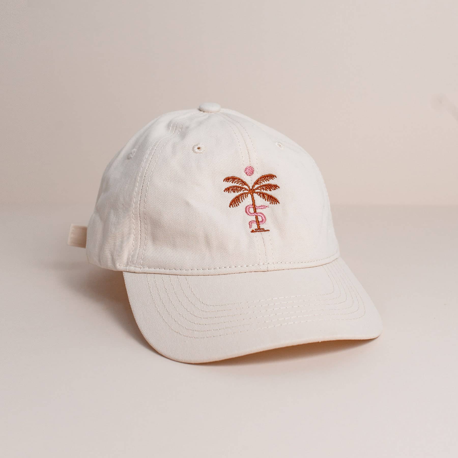 Cream Baseball Cap With Pink Embroidered Palm Tree & Snake