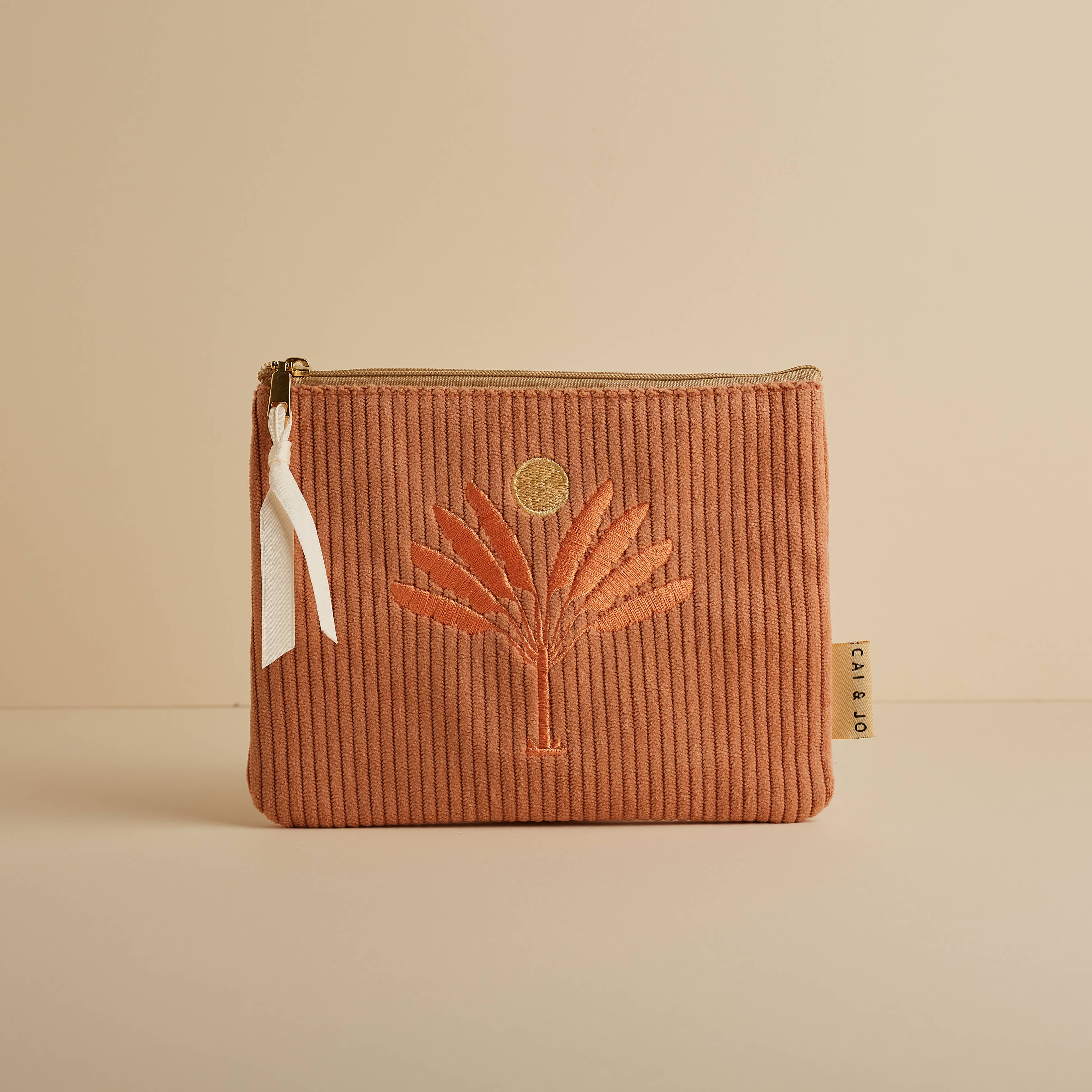 Dusky Pink Corduroy Cosmetic Make Up Pouch With Embroidered Palm Leaf & Sun