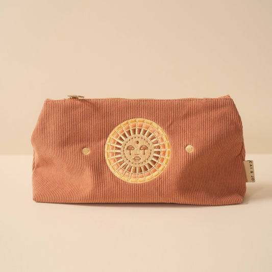 Dusky Pink Corduroy Cosmetic Make Up Pouch With Embroidered Sun 
