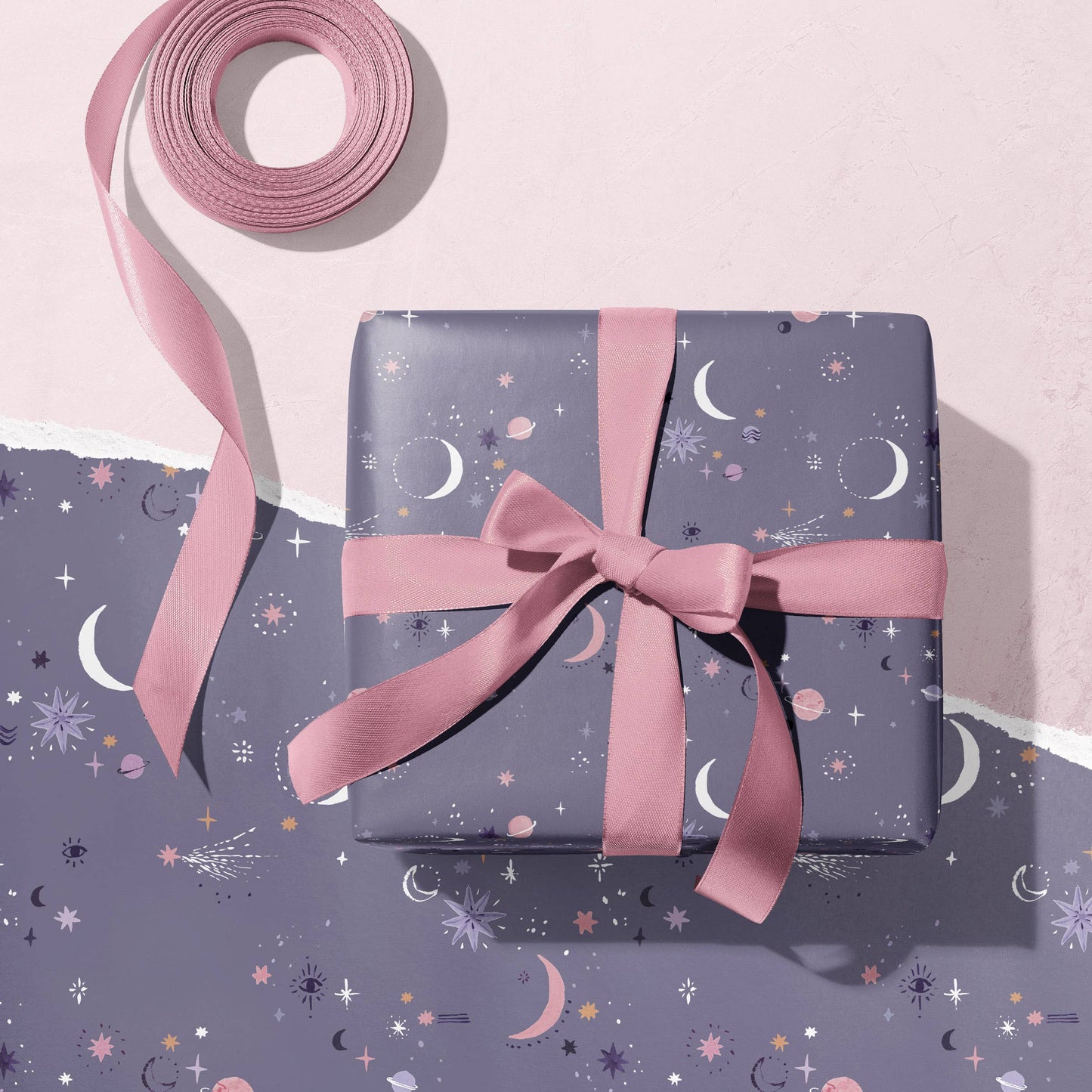 Dusky Purple Blue Planet Moon Star Constellation Gift Wrapping Paper With Ribbon Bow