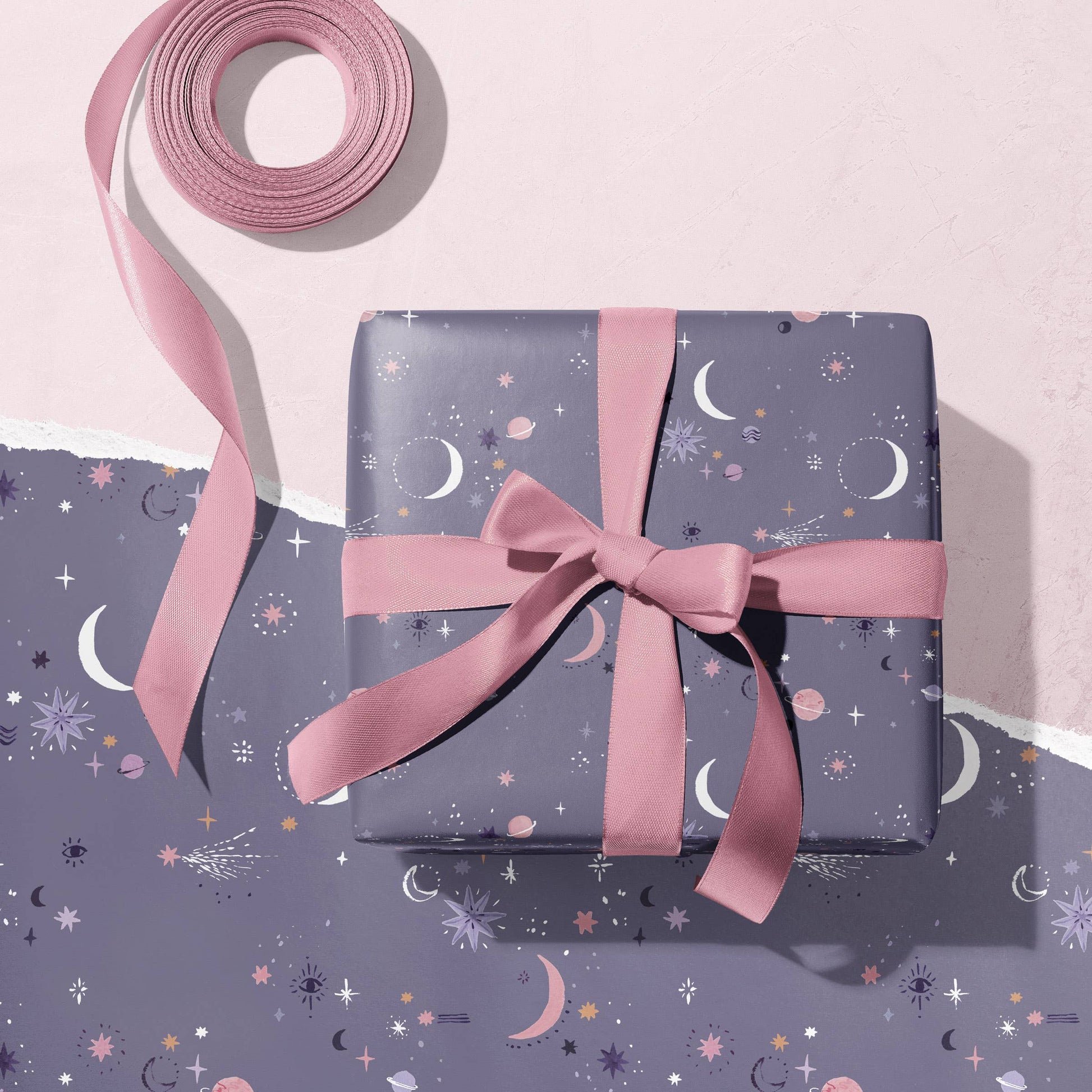 Dusky Purple Blue Planet Moon Star Constellation Gift Wrapping Paper With Ribbon Bow