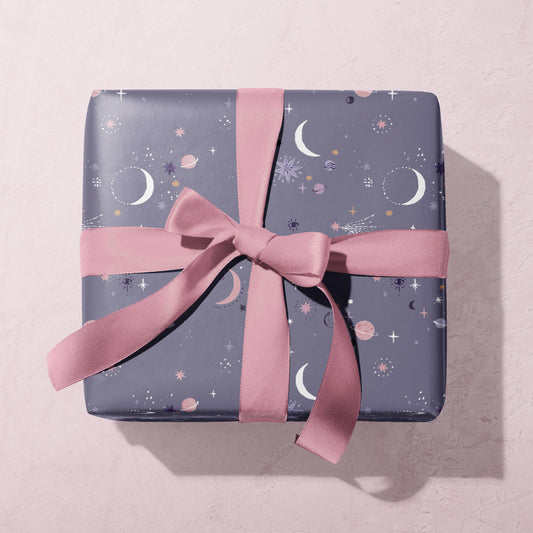 Dusky Purple Blue Planet Moon Star Constellation Gift Wrapping Paper With Ribbon Bow