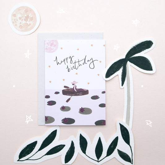 Girl Lily Pads Row Boat Birthday Greeting Card