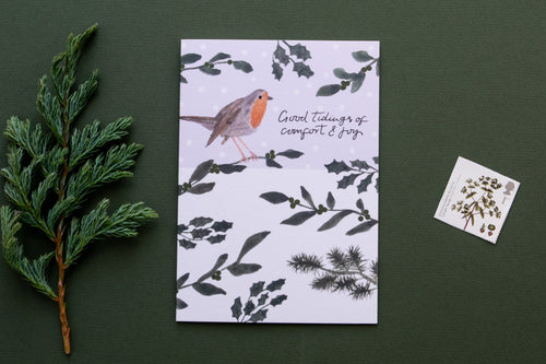 Good Tidings Robin On Holly Christmas Greeting Card