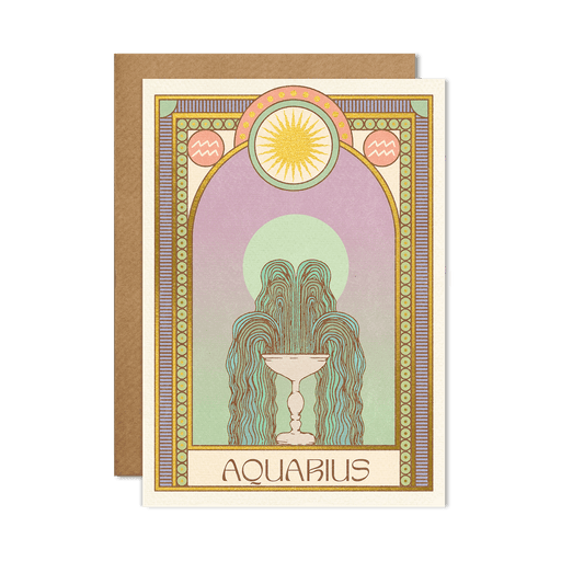 Illustrated Aquarius Zodiac Birthday Greeting Card With Gold Foil Detail