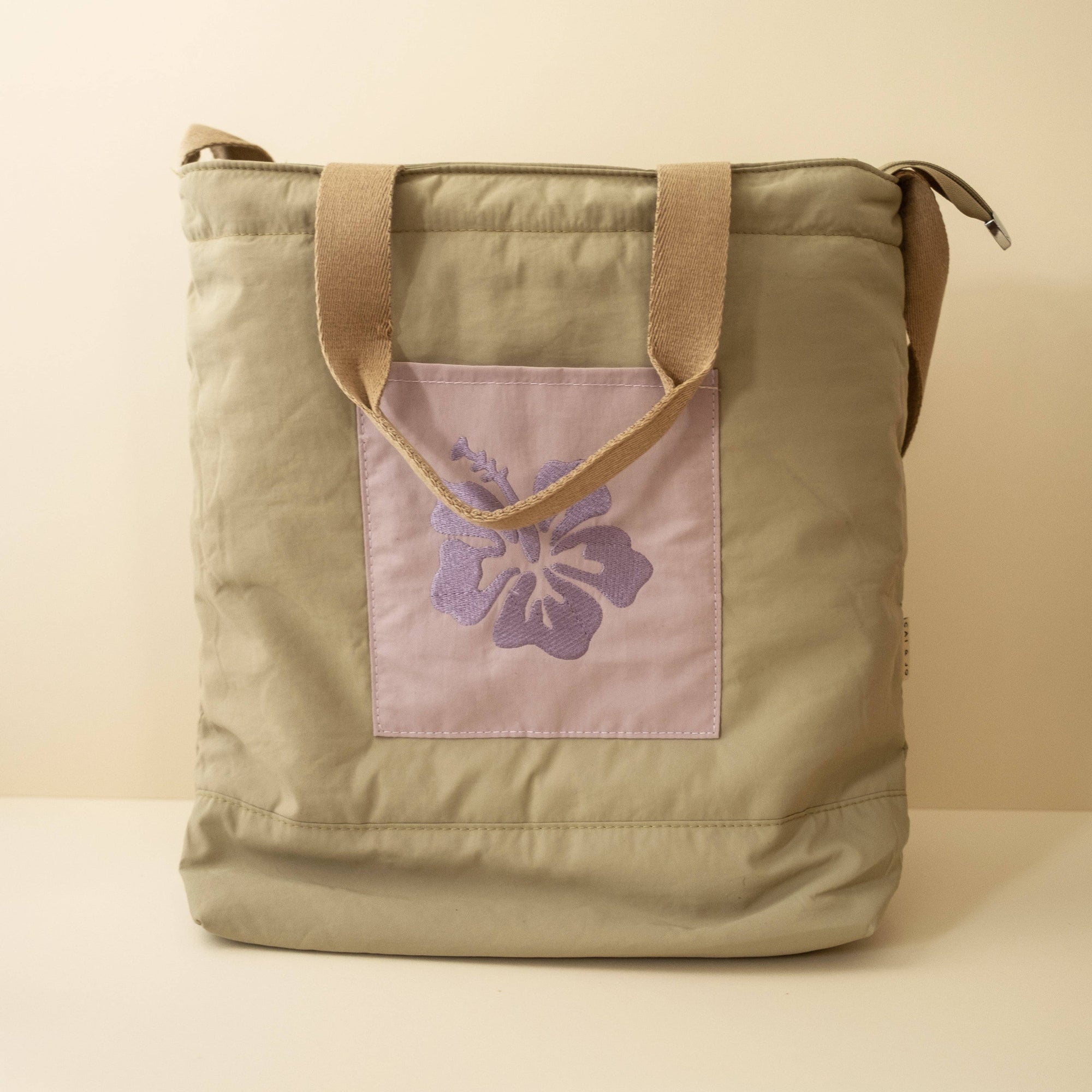 Khaki & Lilac Nylon Beach Tote Bag With Front Pocket & Hibiscus Flower Embroidery 
