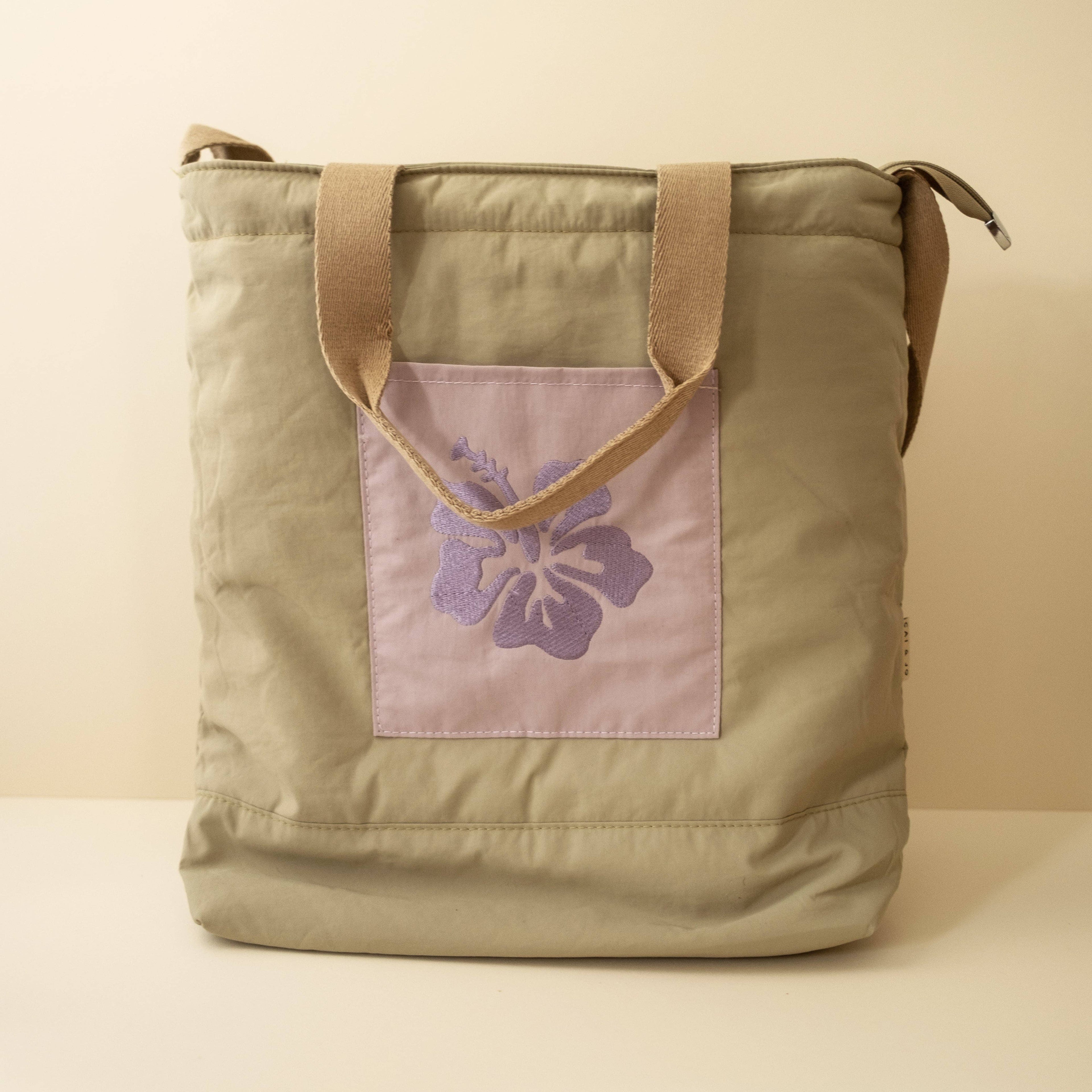 Khaki & Lilac Nylon Beach Tote Bag With Front Pocket & Hibiscus Flower Embroidery 