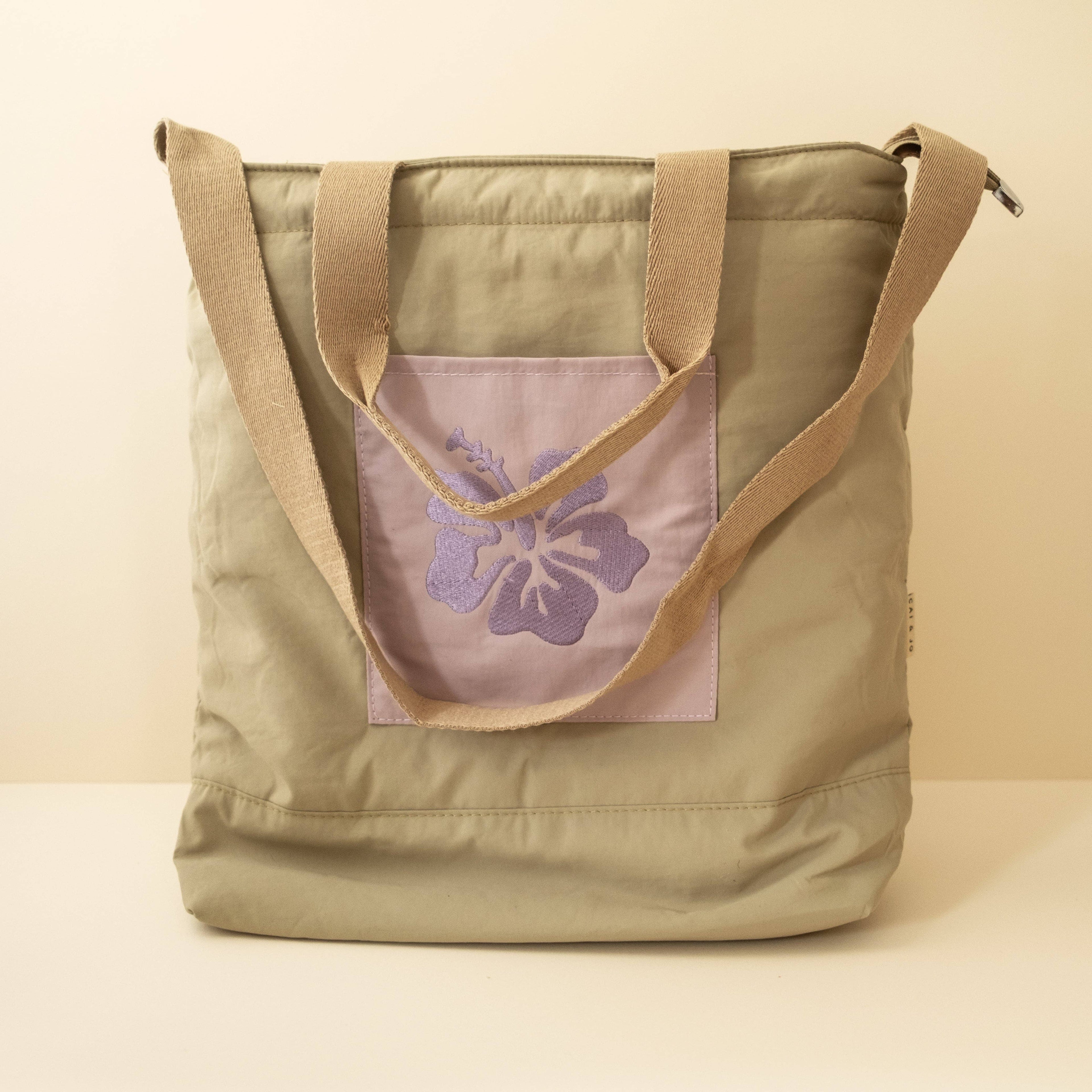 Khaki & Lilac Nylon Beach Tote Bag With Front Pocket & Hibiscus Flower Embroidery 