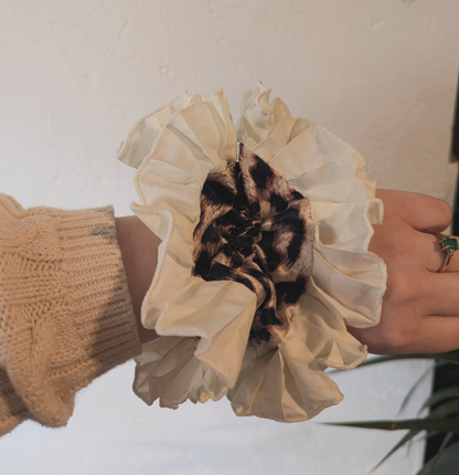 Leopard Print With Cream Frill Oversized Scrunchie