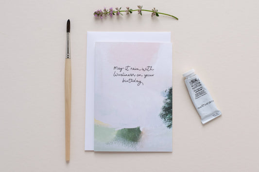 May It Rain With Loveliness Pink Abstract Birthday Greeting Card