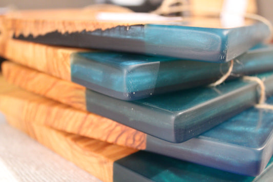 Mini Olive Wood & Blue Resin Gin Serving Board Stack