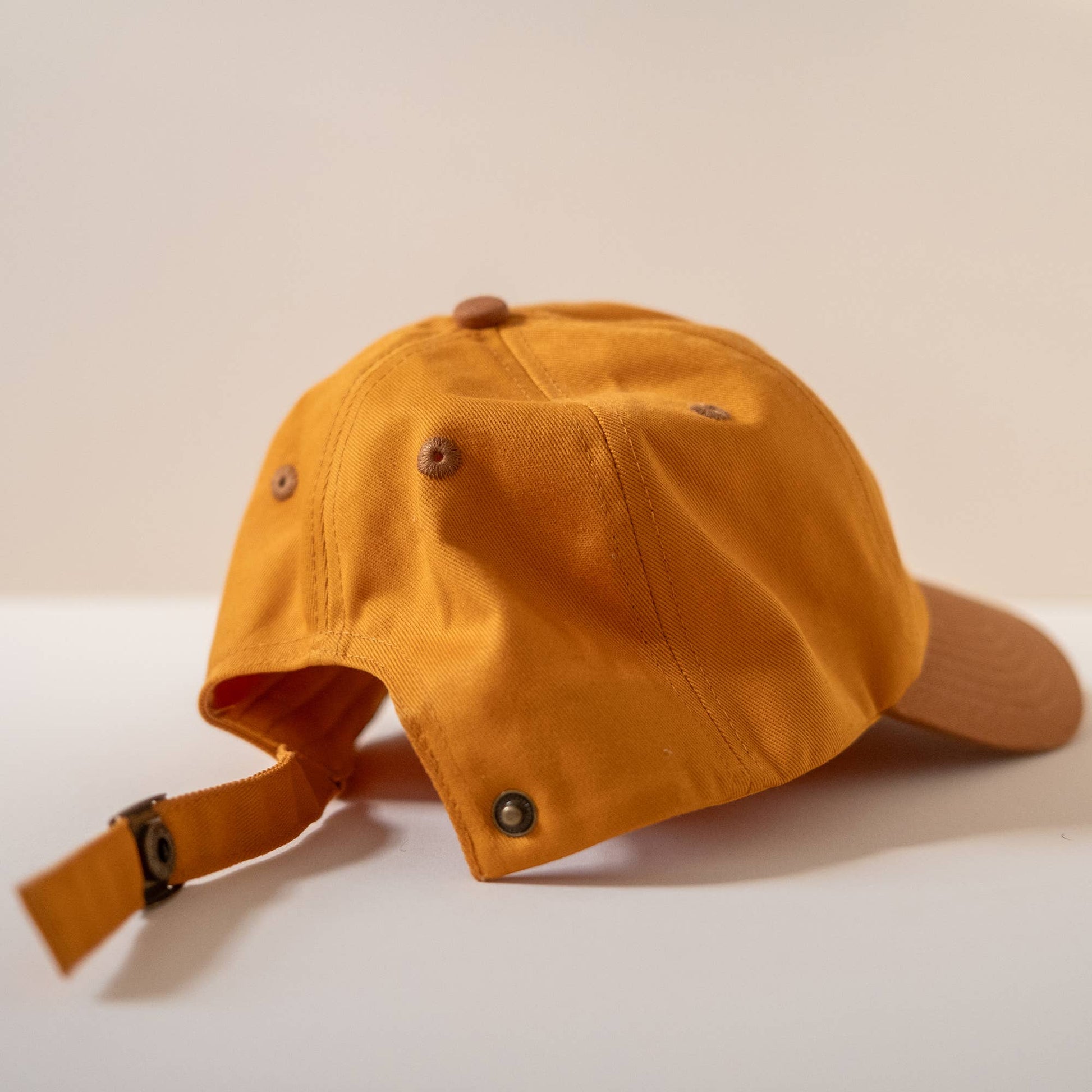 Mustard Yellow Baseball Cap With Flower Embroidery - Popper Closure for Ponytail